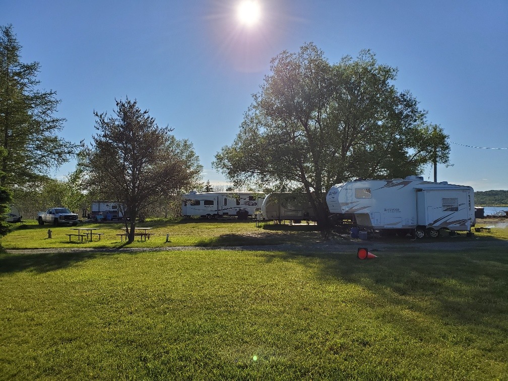 RVs parked under broad shade trees on a rolling green lawn under a brilliant blue sky at Spanish River Resort.