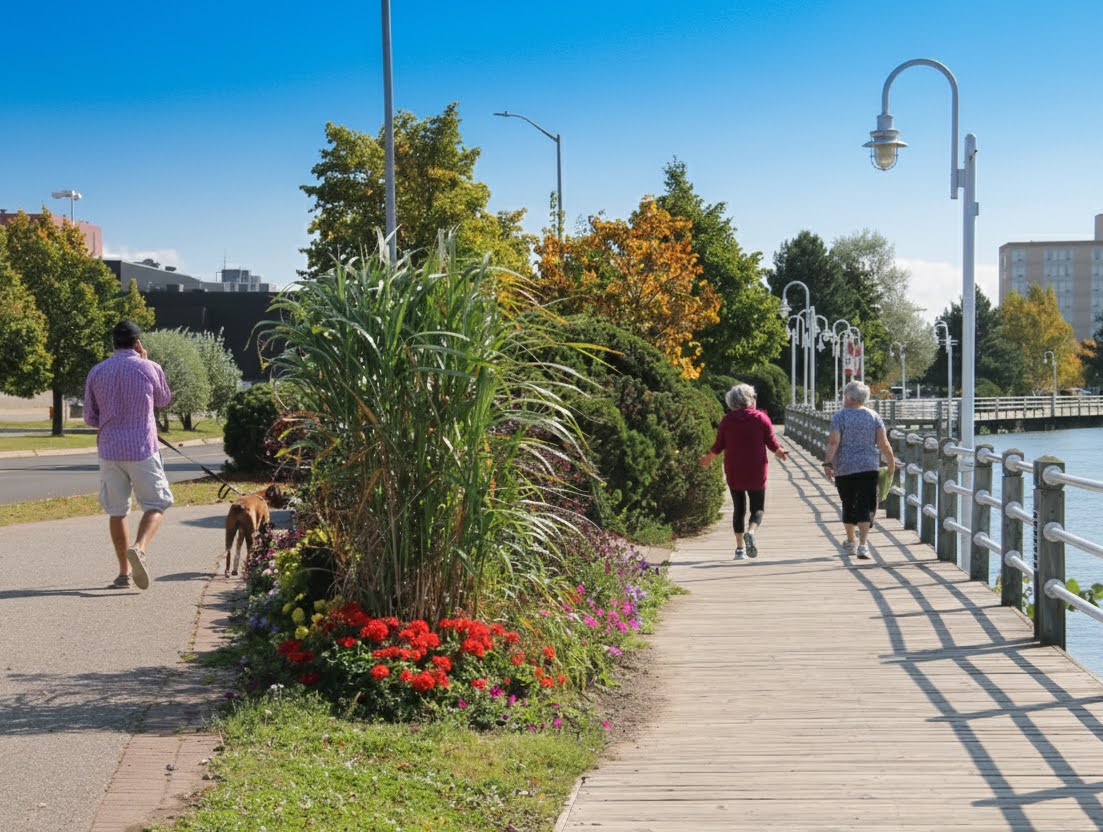 Two older ladies walk and chat down the paved waterfront path along the St. Marys River in Sault Ste. Marie on a sunny summer day. The path is edged by bushes and flowers.
