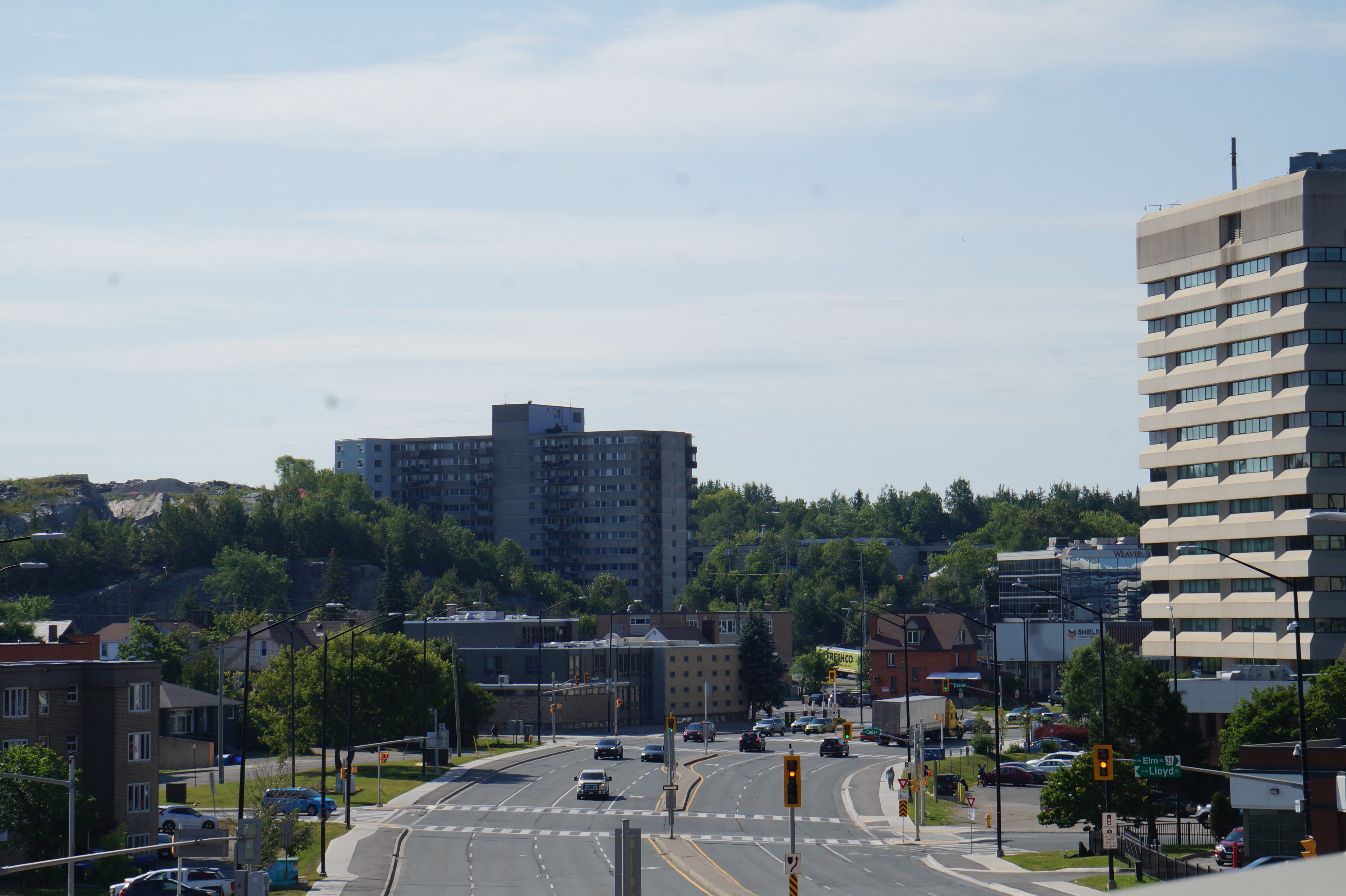 A lively downtown Sudbury, with light traffic winding along a tree-lined way toward tall buildings in front of a blue summer sky. 
