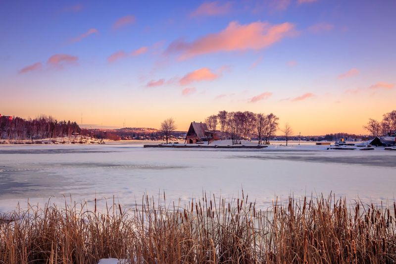 golden bullrushes line the banks of a frozen Ramsey Lake, lit up with a bright peach and blue sunrise. A wooden cabin sits peacefully on the far bank among the bare trees. 