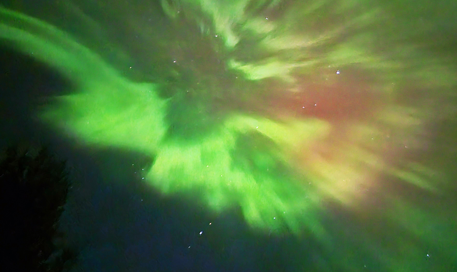 green and pink northern lights dance in the night sky overhead.