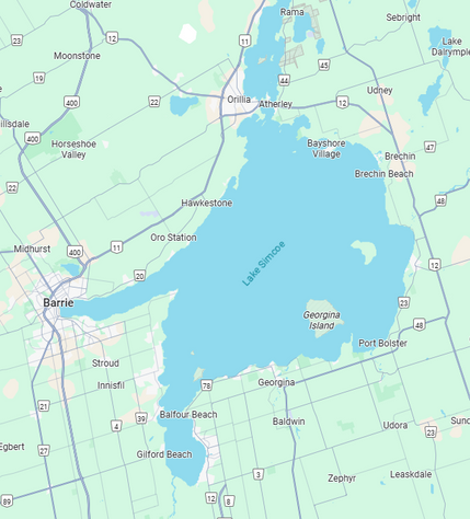 a map of Lake Simcoe and surrounding towns