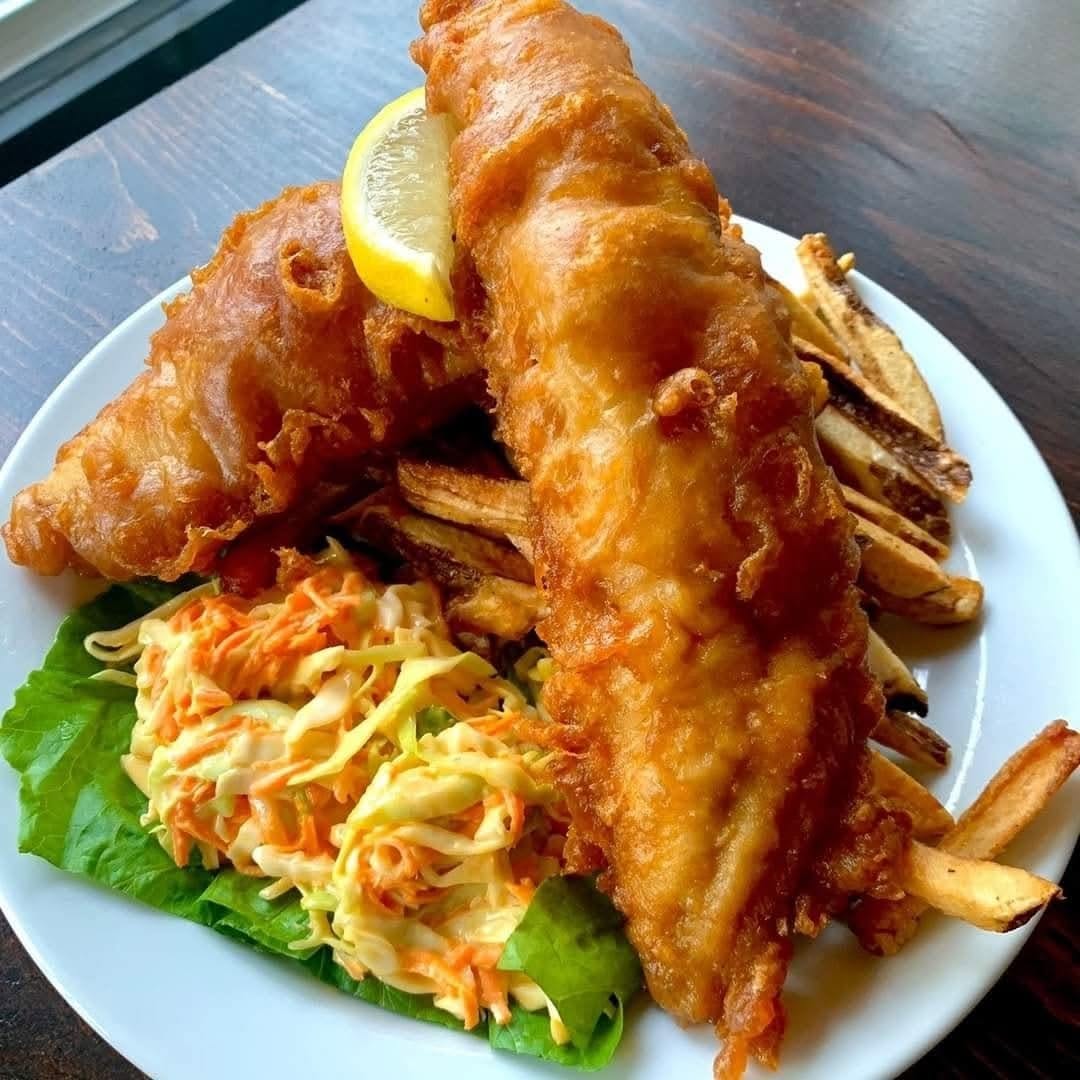 a plate of fried fish and coleslaw at Mattawa River Resort 