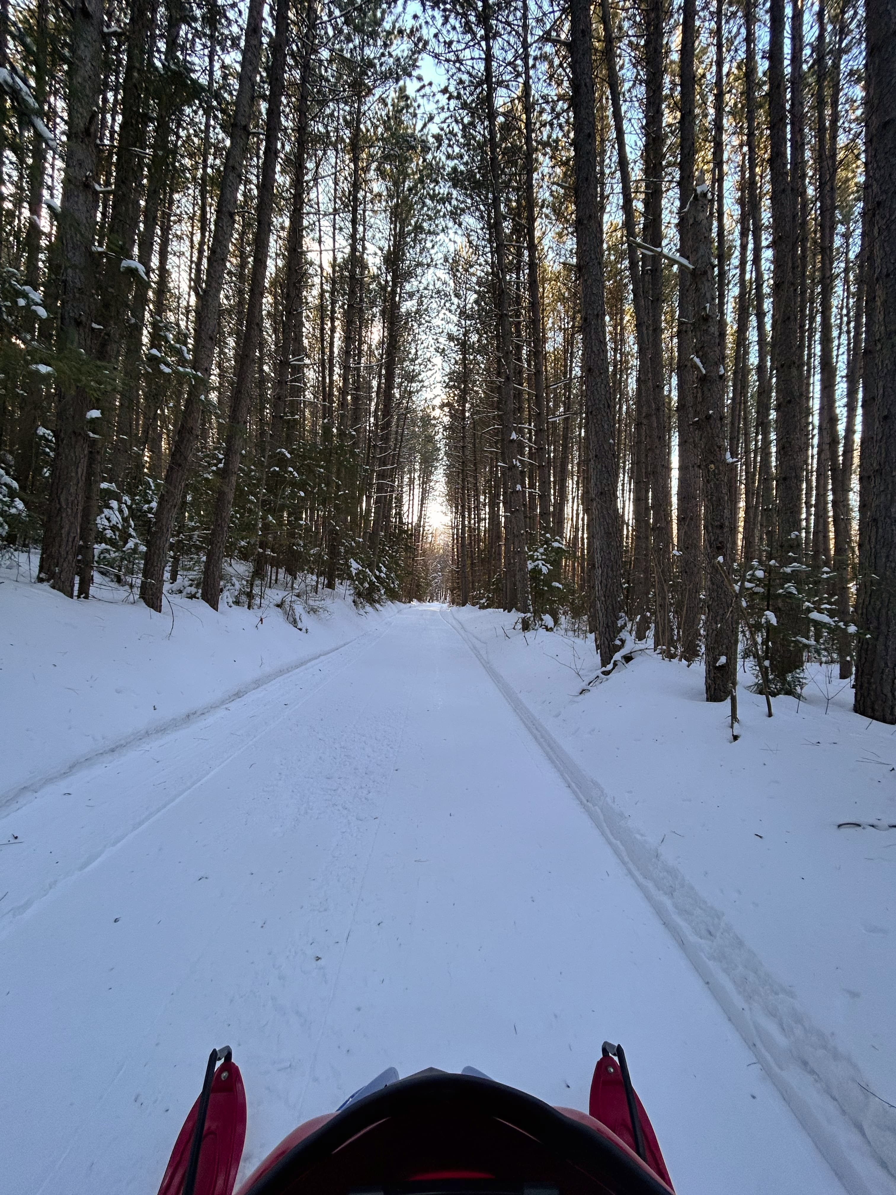hood of snowmobile and skis looking forward down trail