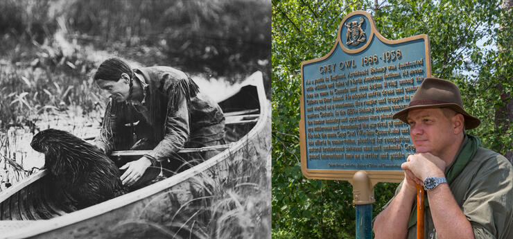 Grey Owl with a beaver in a canoe and Ray Mears at Grey Owl plaque