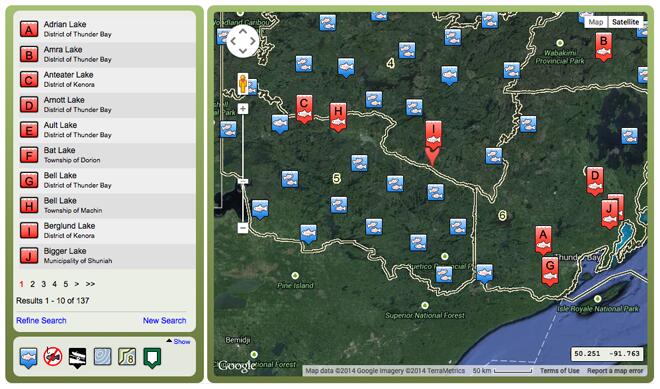 Search for lakes with brook trout within 300 kms of Ignace, Ontario