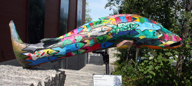 This colourful muskie was created by kids at their Inglenook Art Class