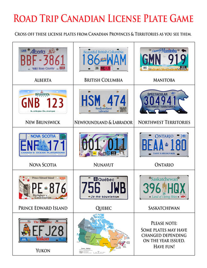 Click on this image for a printable high res photo of Canadian License Plate Game