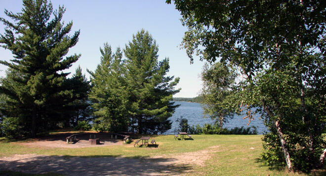 The group campsite at Sioux Narrows Park has a great location on the lake
