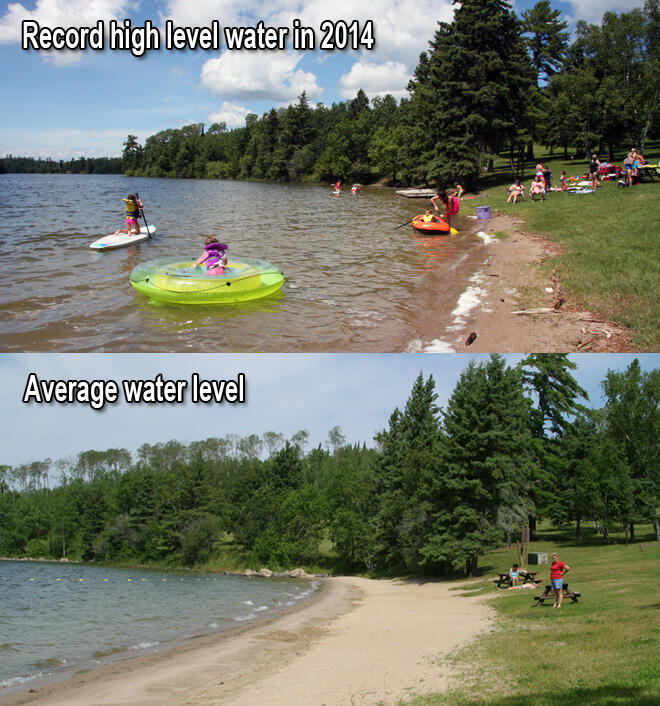 The beach at the Sioux Narrows Park is beautful, even in high waters