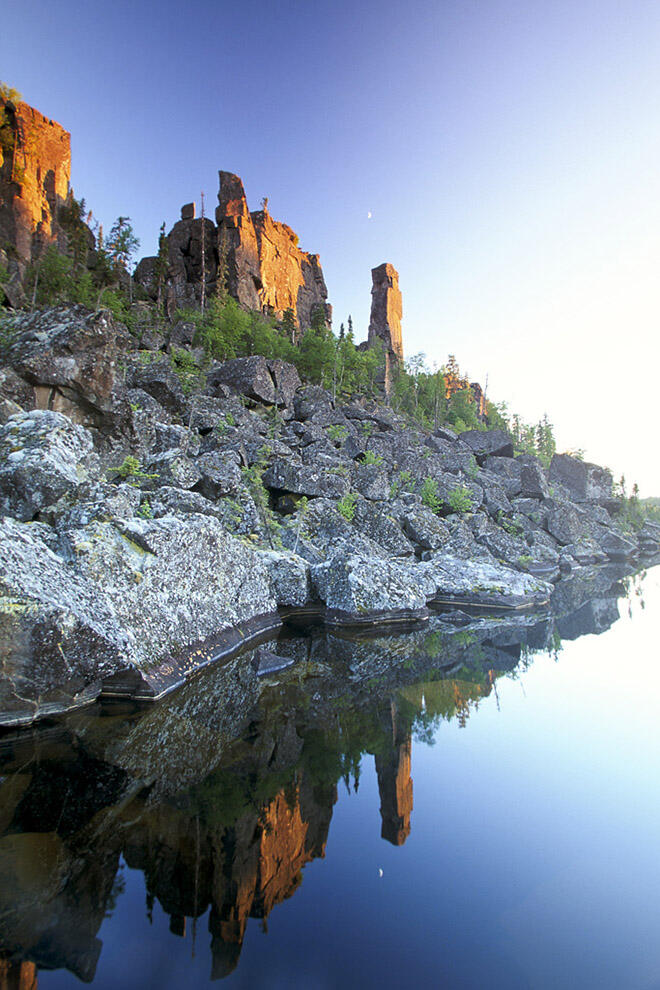 Amazing rock formations, including one like a chimney, make Chimney Lake a must-see paddling destination. Photo: Ian Beatty