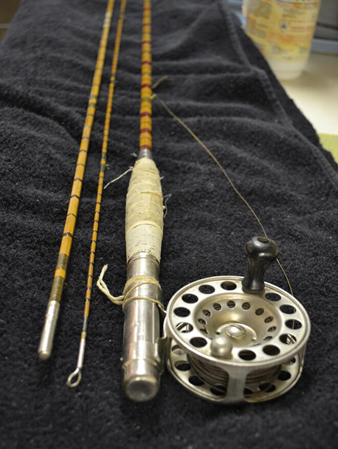 The actual rod that Dr Cook used to reel in the monster brook trout. Courtesy of the Nipigon Historical Museum