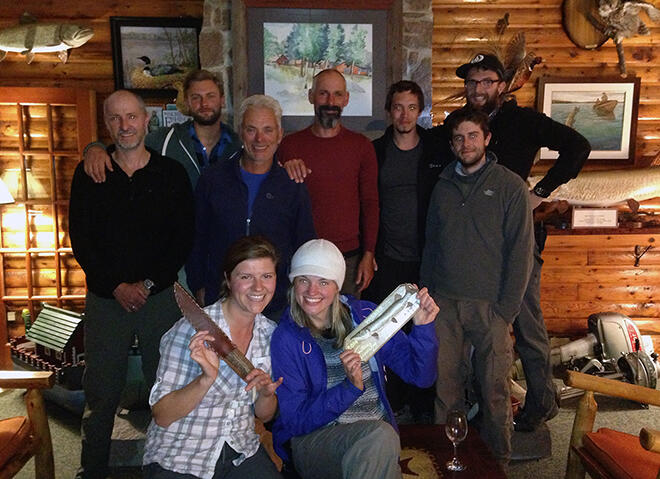 The River Monsters crew at Vermilion Bay Lodge. Jeremy Wade is centre left in the navy jacket, and show producer Bess Manley is wearing the blue jacket and white hat. Photo: Gord Bastable