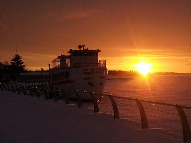The MS Kenora sits frozen at the Kenora Harbourfront