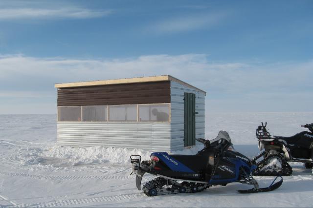 Rent an ice shack like this one available at Harris Hill Resort.