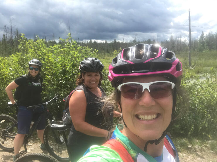 Connie, Brigitte and Christine on the Jerusalem Road, an old concession road that spans 6 kilometres of the journey along the Forgotten Trail Network and the Old Nipissing Road gravel ride. Photo: Connie Hergott