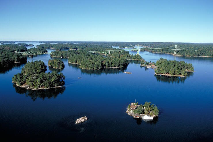 Aerial view of St. Lawrence River and its Thousand Islands.