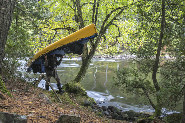 Man portaging canoe along a river. 