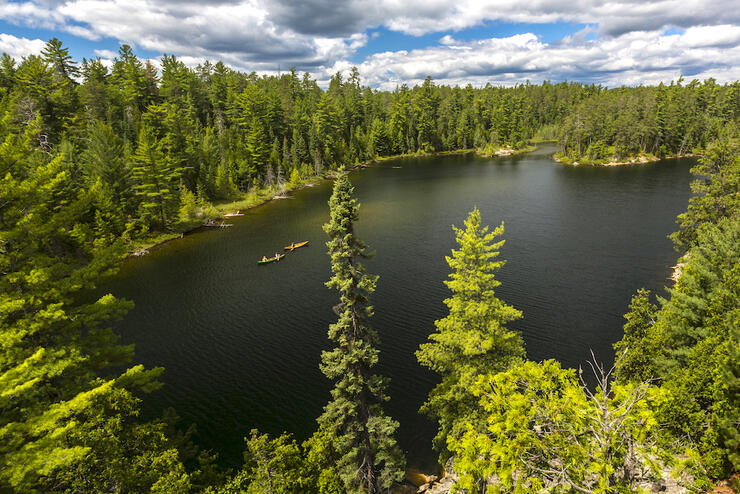 View from high point of 2 canoes travelling on lake surrounded by forest