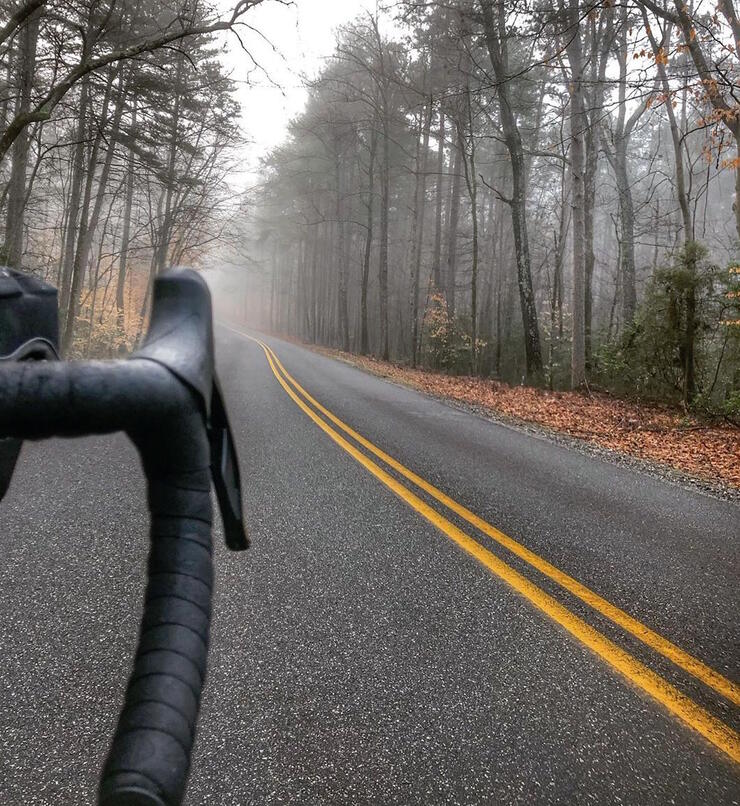Handle bar of bicycle travelling down a paved road in foggy forest. 