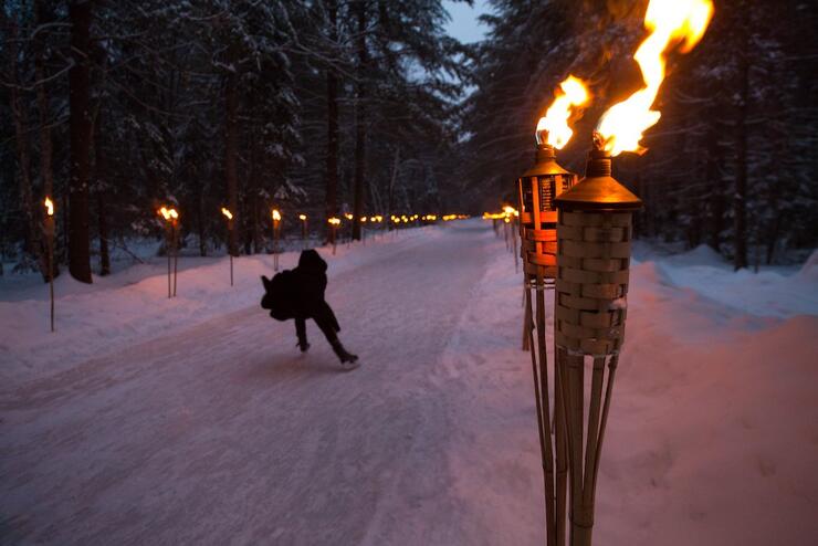 Someone skating on a trail through the woods lined with tiki torches.