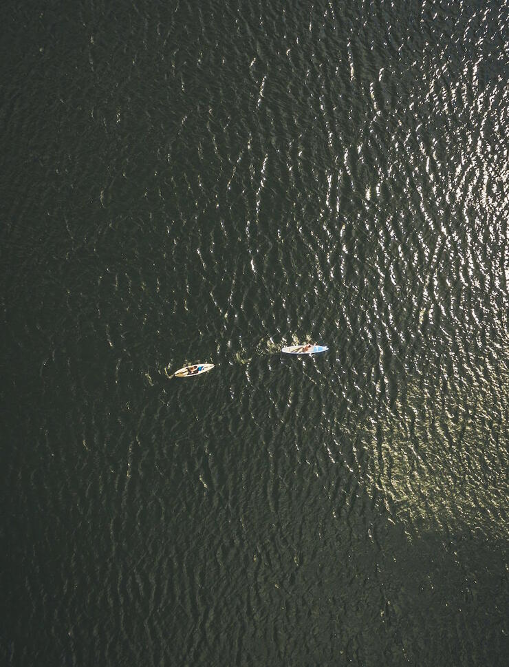 Aerial view of two SUP boarders on water