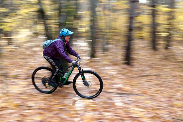 Mountain biker riding in fall forest