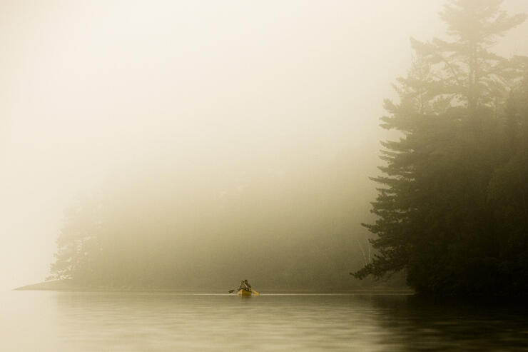Canoeist paddling in morning fog. 