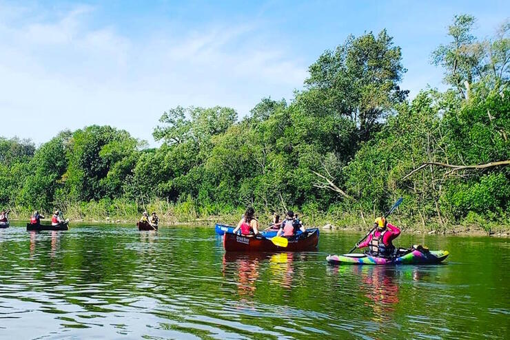 People paddling canoes and kayaks on Thames River 