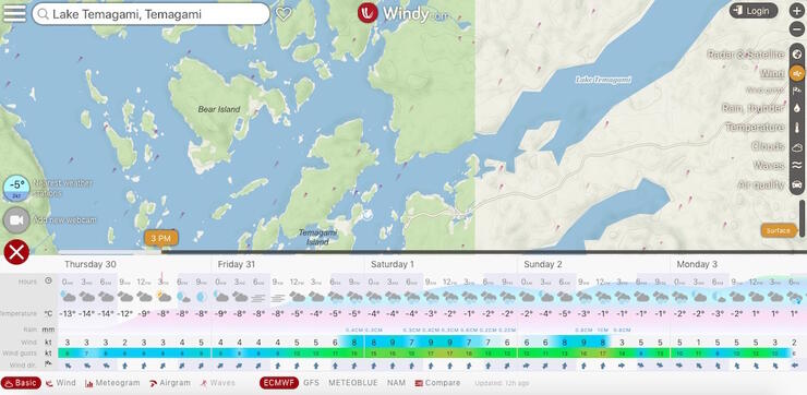 Screen capture of a map with weather forecasts across the bottom. 