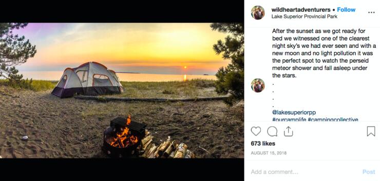 Instagram post of tent on beach in front of sunset