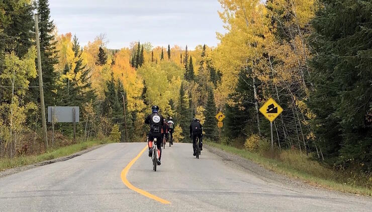 Group of cyclists riding on a paved road surrounded by fall colours
