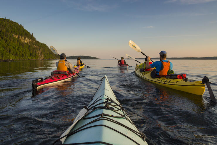 Group of kayakers paddling on Lake Superior