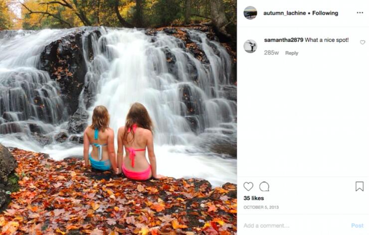 Instagram post with 2 girls sitting in front of a small cascading waterfall
