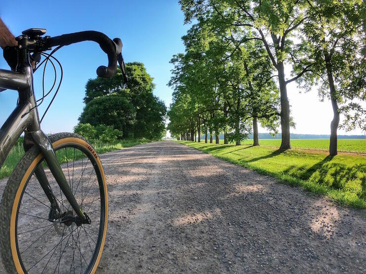 Front tire and handbars of bike on a long stretch of flat gravel road with trees