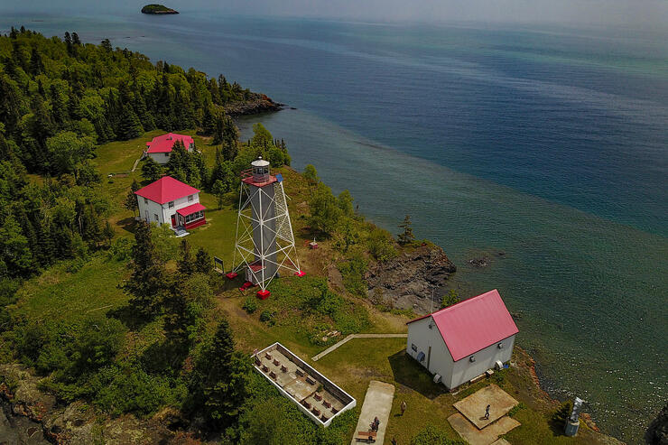 Aerial view of lighthouses on Lake Superior. 