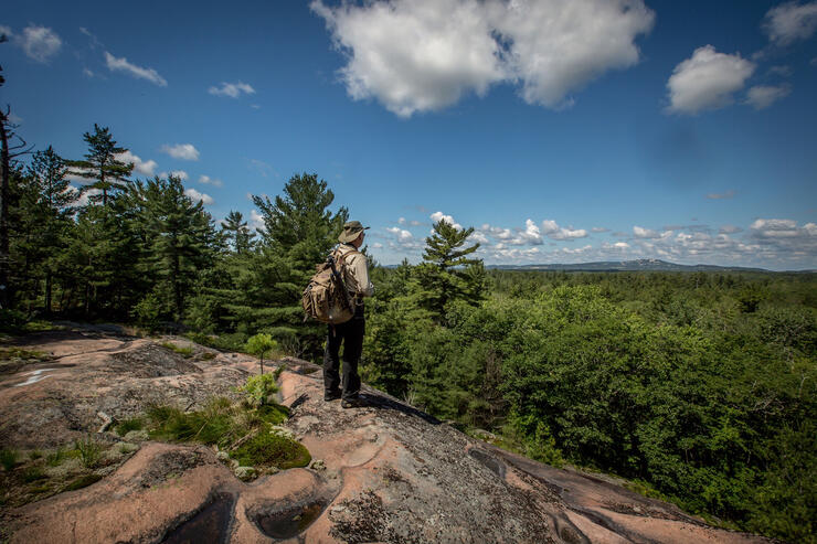 Man with a backpack standing on a rock outcropping in a forest. 