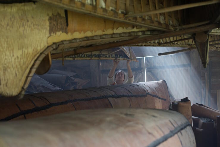 Woman looking at hanging birch bark canoes in a storage building.
