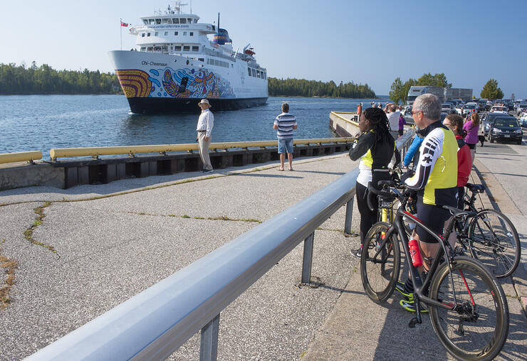MS Chi-cheemaun ferry arriving at dock. 