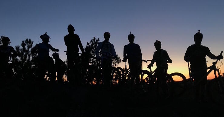 Line of cyclists looking at purple sky at sunset. 