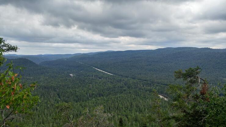 View of the Trans Canada Highway surrounded by forested hills