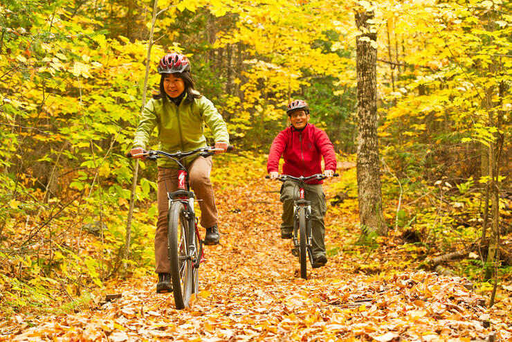 Two people biking on trail in the woods in the fall.