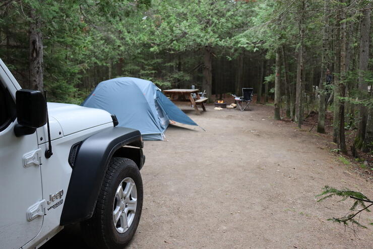 Jeep parked in front of tent at forested campsite