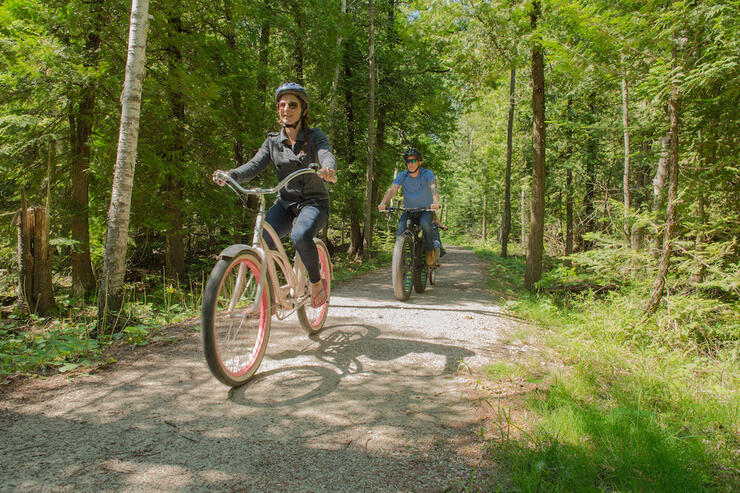 Family rides fat bikes along a forest cycling trail