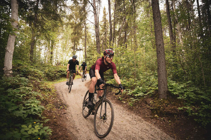 Group on people biking down a trail in the forest