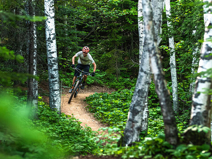 man rides a mountain bike along a forest path at Shuniah Mines in Thunder Bay