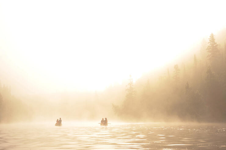 Canoes in the mist.
