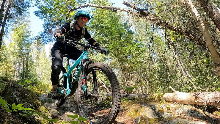 mountain biker rides down forest trail in Dryden