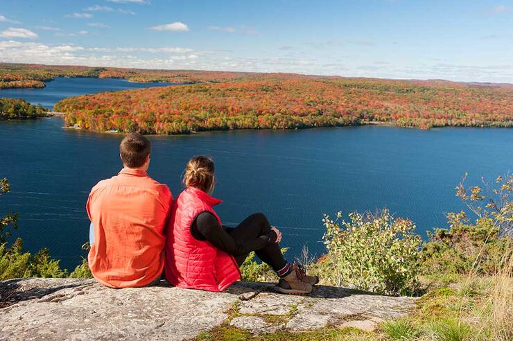 fall hiking overlooking lake