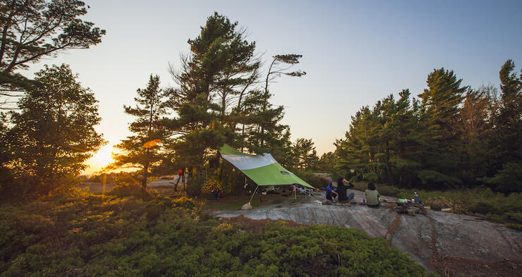 Wilderness campsite on rock in the woods